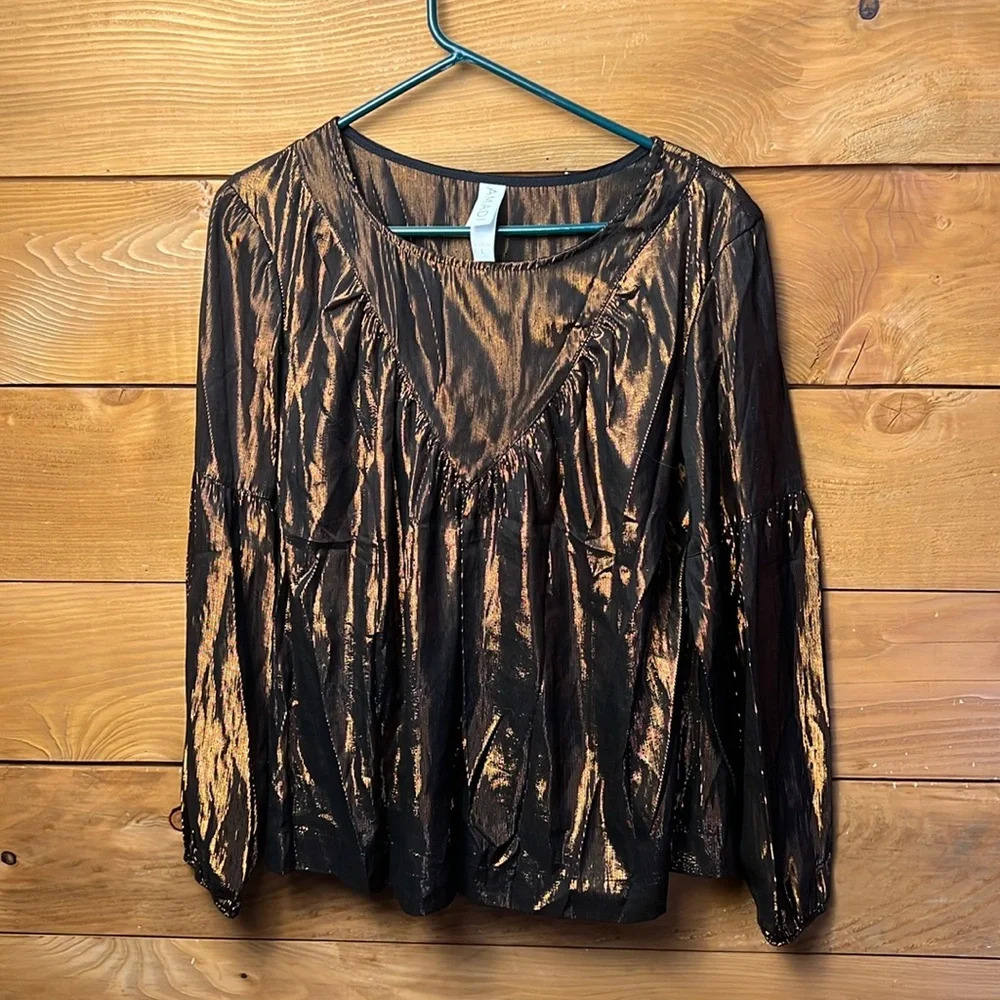 Anthropologie Amadi women’s Merry Metallic Lurex Blouse top Lg Bronze‎ new years